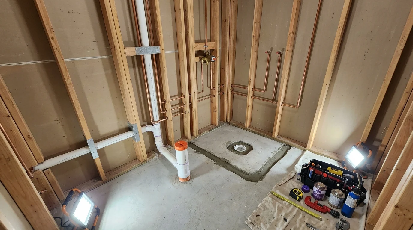 Bathroom rough-in plumbing during remodel by Johns Plumbing LLC in Fort Dodge