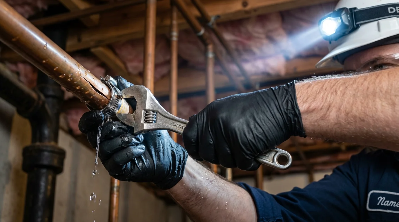 Emergency pipe clamp repair being performed by a Johns Plumbing LLC plumber in Fort Dodge