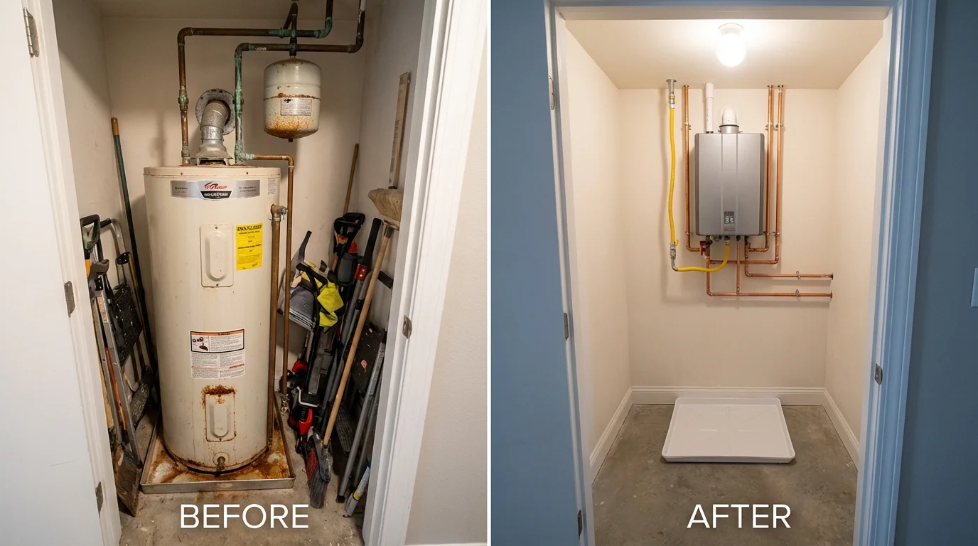 Tank water heater versus wall-mounted tankless unit comparison for Fort Dodge, IA homeowners