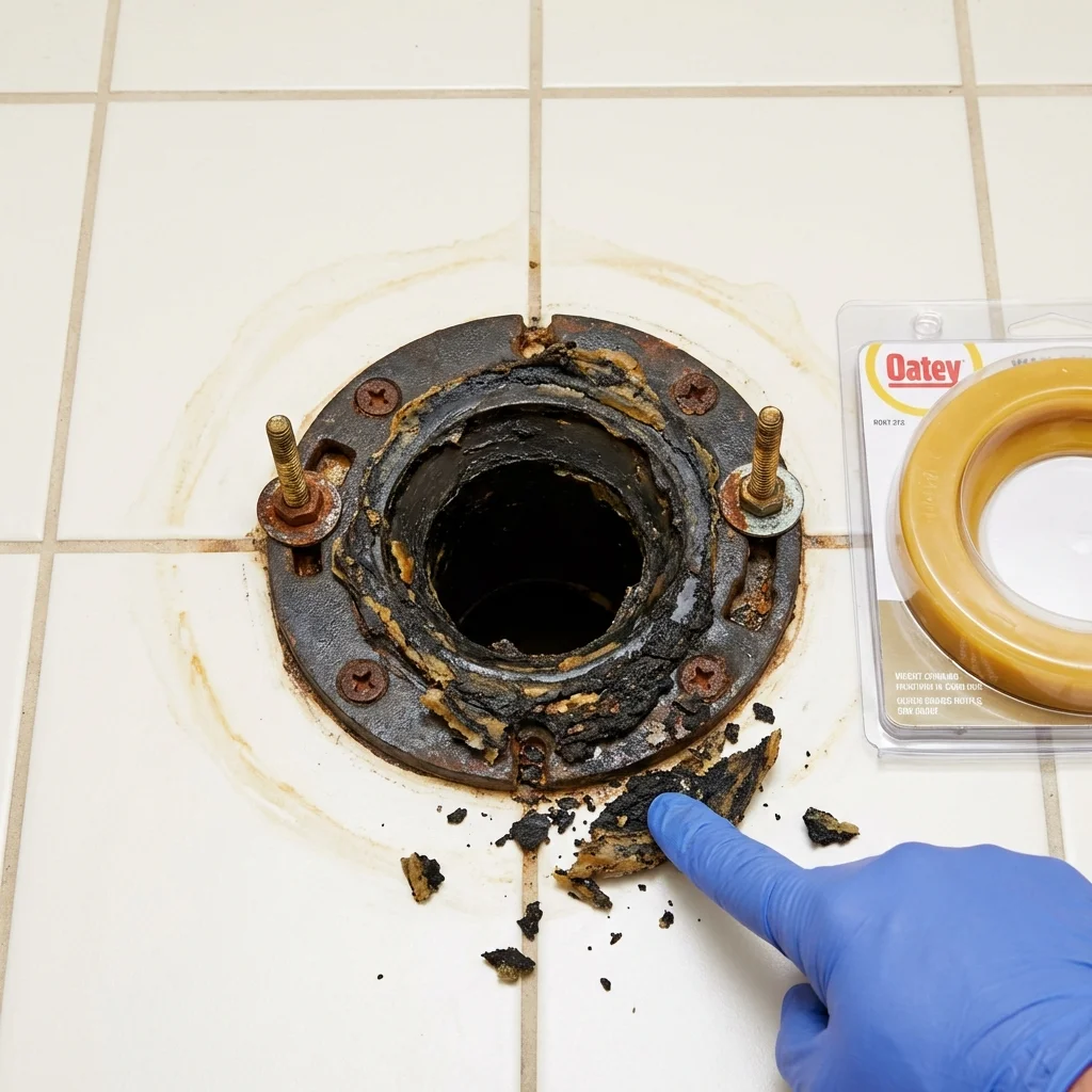 Failed wax ring showing water seepage at the base of a toilet in a Fort Dodge, IA home